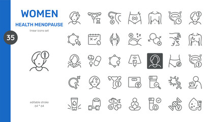 Women Health and Menopause Icon Set. Comprehensive Collection of Menopause Symptoms, Hormonal Changes, Healthcare, and Treatment Options. Includes Weight Gain, Hot Flashes, Supplements, Exercise, etc.