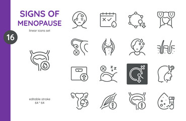 Signs of Menopause Icon Set. Illustrations Representing Symptoms Like Hot Flashes, Hormonal Imbalance, Irregular Periods, Mood Swings, Weight Gain, and More. Medical and Health-Related Symbols.