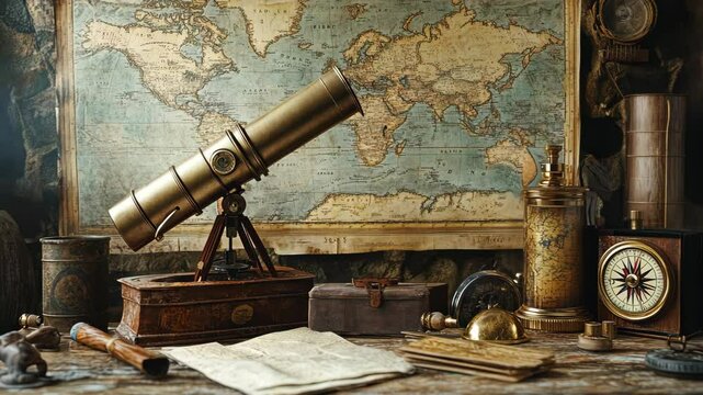 Exploring history and adventure through antique navigation tools and maps in a vintage study setting