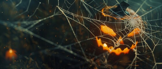 An ominous jack-o'-lantern entangled in spider webs creates a spooky Halloween scene.