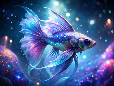 "A mystical frish creature with iridescent scales and delicate fins swims through a swirling vortex of shimmering blue and purple lights."