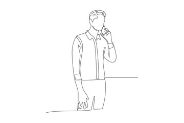 The man talking on the phone seriously. Making phone calls concept one-line drawing