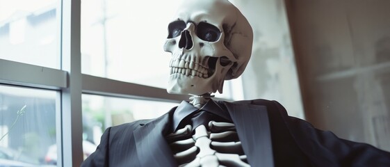 A skeleton in a suit lounges casually in an armchair by a window, exuding an eerie yet humorous ambiance.