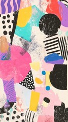 Abstract geometric shapes collage and patterns in vibrant colors. Contemporary art painting