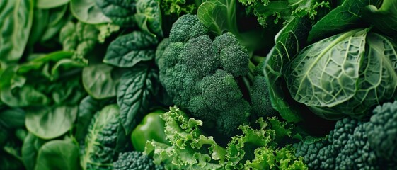 A vibrant composition of fresh green vegetables, including broccoli, spinach, and kale, showcasing their lush textures and natural beauty in a close-up view.