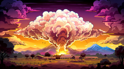 A cartoonish drawing of a large explosion in the middle of a field. The sky is filled with clouds and the sun is setting. Scene is one of destruction and chaos