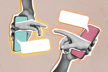 Creative poster picture collage of two people speaking mind clouds using cell smart gadget