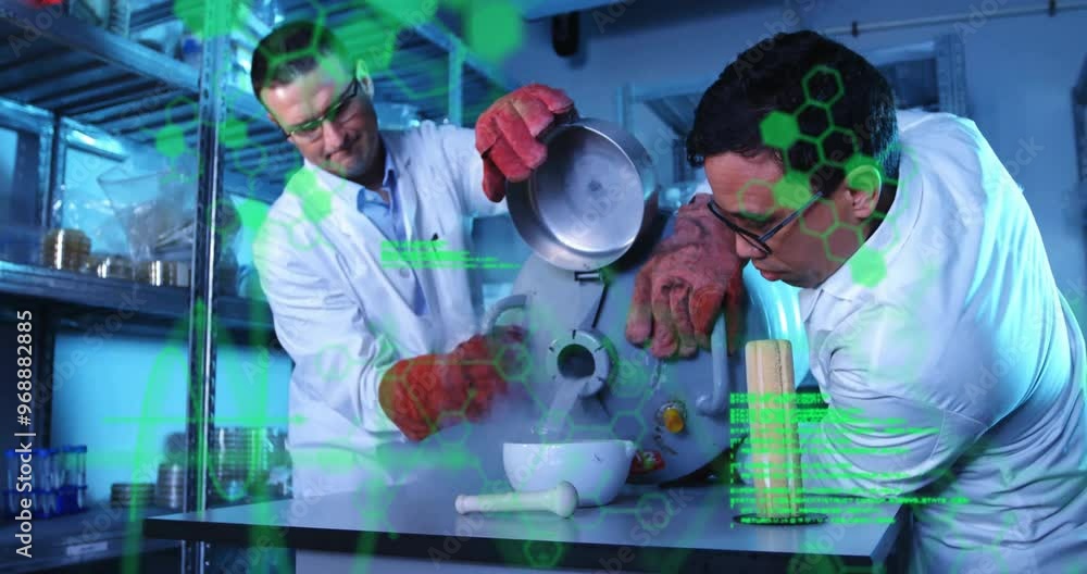 Poster animation of scientific data processing over diverse scientists in laboratory
