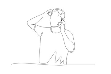 A man who panics when he calls. Making phone calls concept one-line drawing