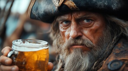 The pirate lifts a beer mug, his weathered face and fierce eyes shining in the festive scene