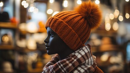 Fototapeta premium Mannequin wearing a warm orange hat in a fashionable boutique