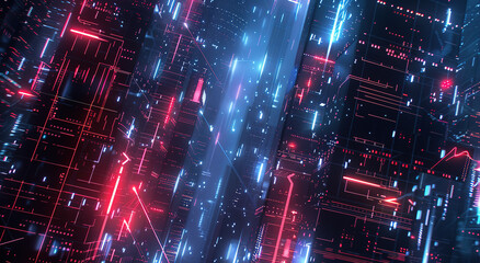 Obraz premium A futuristic cityscape with neon lights in blue and red house against a dark background. Concept of technology and cyberpunk urban landscape
