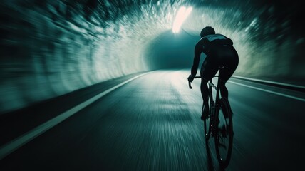 Cyclist Riding Through Illuminated Tunnel at High Speed in Urban Setting