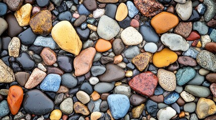 Multicolored small pebbles on a beach. Abstract background.