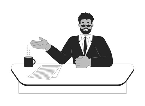 recommend clip art: African american man news anchor talking black and white 2D line character. Black anchorman sitting at desk with papers coffee mug isolated vector outline person. Monochromatic spot illustration
