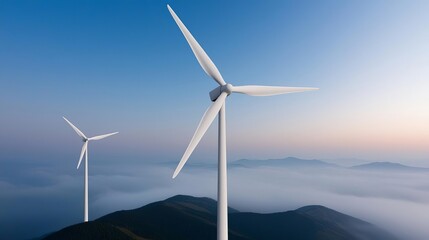 Wind turbines on foggy morning, mist over hills, renewable source, serene atmosphere, soft light, pastel palette for a tranquil scene