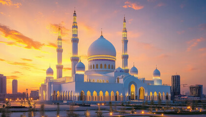 Obraz premium Hazrat sultan mosque shining during golden hour in astana, kazakhstan