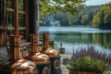 Naklejka premium Copper stills by lake with lavender and forest scenery