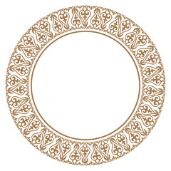 Gold monochrome Circle Islamic Asian Kazakh national ornament frame. Kazakh pattern frame, border of the Kazakh, Kyrgyz, Mongol, Tatar, Uzbek. Decor for plate, textile and print design