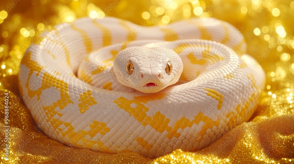 Poster albino pied ball python, python regius, strikingly coiled on a glittering gold background
