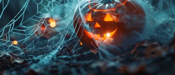 A glowing jack-o'-lantern sits amidst intricate spider webs, exuding an eerie Halloween vibe.
