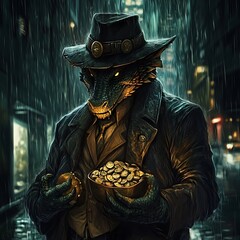 A Lizard Man in a Fedora Holds a Bag of Gold Coins in a Rainy City