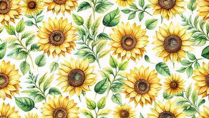 Watercolor sunflower pattern with leaves and flowers for nursery, travel, wallpaper, and clothing