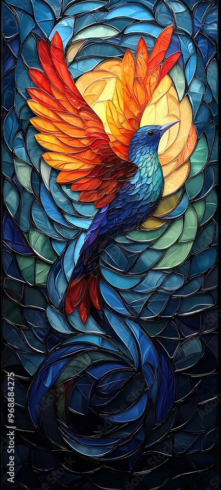 Wall mural semiabstract bird soaring through the sky with its wings transforming into waves of color representi