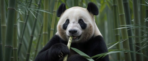 Fototapeta premium Playful Panda Devouring Bamboo Stalks in Lush Bamboo Forest