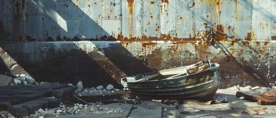 A small weathered boat rests abandoned by a rusted wall, evoking a sense of neglect and nostalgia in an industrial setting.