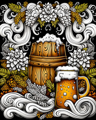 A colorful drawing of a wooden barrel with a flower on top and a mug of beer next to it
