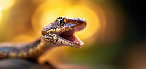 Fototapeta premium A close-up shot of a snake with an open mouth, showcasing its vibrant scales and striking eyes against a blurred background.