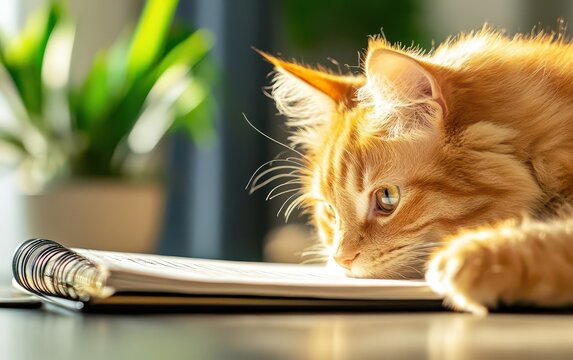 A playful orange cat curiously examines a notebook in a bright indoor setting, showcasing a moment of feline exploration.