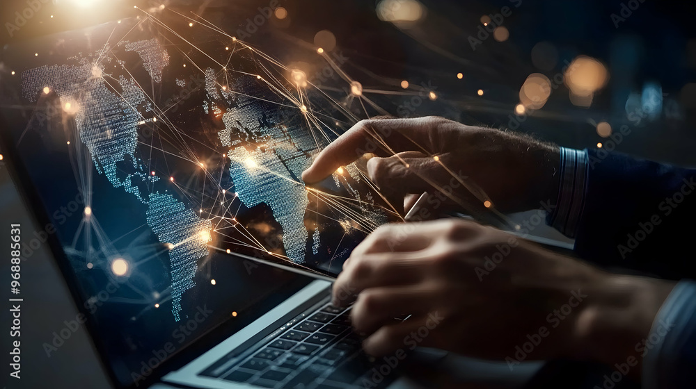 Poster internet network technology and software development, man using a digital tablet and laptop with glo