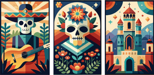 Dia de los muertos celebration posters featuring skeletons, traditional flowers, and vibrant architecture