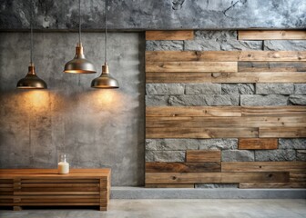 Worn concrete wall with rough stone texture and wooden panel accent adding warmth and character to a cozy industrial-chic space.