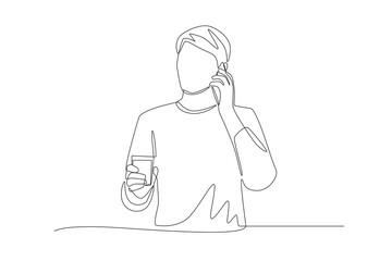 A man drinking coffee while making a phone call. Making phone calls concept one-line drawing