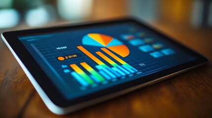 Tablet displaying data charts and graphs, showing pie charts, bar graphs and a numerical chart, on a wooden surface.