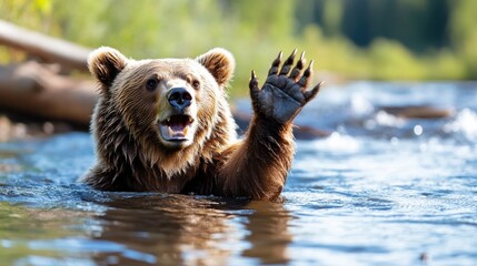 Fototapeta premium A cheerful bear with a friendly expression waves hello from a calm stream surrounded by lush green forest, capturing a moment of warmth and playfulness in nature.