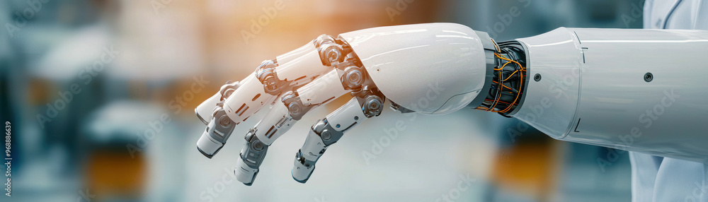 Poster closeup of a mechanical engineer adjusting advanced robotic arms in an industrial setting