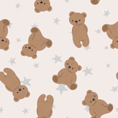 Seamless pattern of cute teddy bear in various poses on white background. Hand drawn Wild animal Baby clothing Kawaii Vector Illustration.