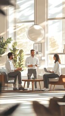 Obraz premium Three colleagues discussing work in a modern office with large windows and natural light.