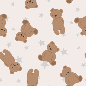 Seamless pattern of cute teddy bear in various poses on white background. Hand drawn Wild animal Baby clothing Kawaii Vector Illustration.