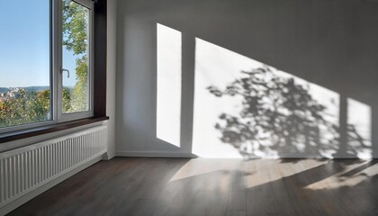 Fototapeta premium soft rays of sunlight penetrate the room, falling on the white wall, creating a shadow in the form of a plant pattern from the tree 