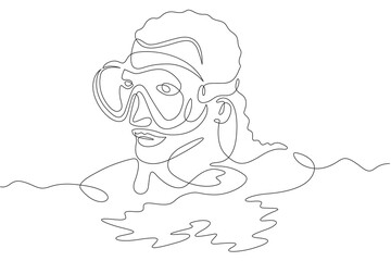 Continuous one line drawing  diver girl in mask. Swimmer in water with mask and snorkel. Woman swims in sea. One continuous line isolated minimal illustration.