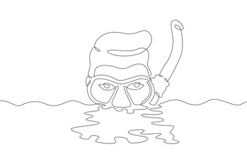 Continuous one line drawing diver in a mask. Swimmer in the water with a mask and snorkel. One continuous line isolated minimal illustration.