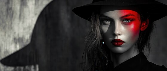 Mysterious Woman in Black Hat with Red Light on Face, Monochrome Portrait with Dramatic Shadows