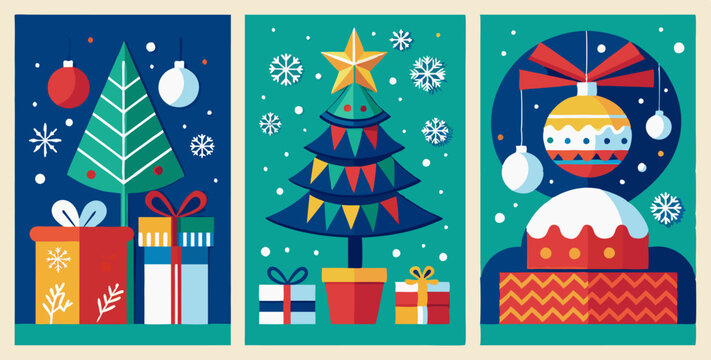 Festive christmas posters with abstract trees and gifts for holiday decor