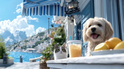 A joyful scene with a dog and a cat sitting at a seaside cafe table, complete with a refreshing beverage, portraying a fun and leisurely moment against a scenic backdrop.