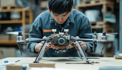 Electronics engineer working on a drone prototype in his workshop